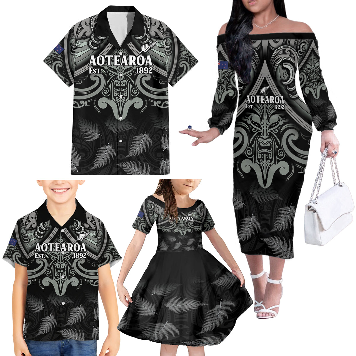 Custom New Zealand Silver Fern Rugby Family Matching Off The Shoulder Long Sleeve Dress and Hawaiian Shirt All Black Since 1892 Aotearoa Moko Maori - Wonder Print Shop