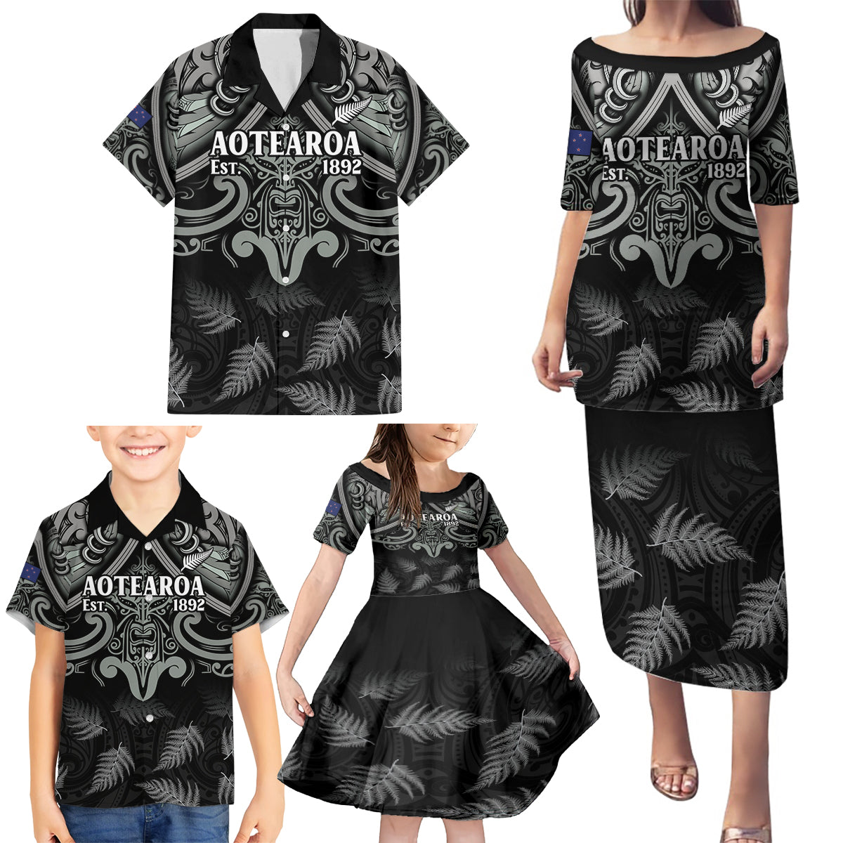 Custom New Zealand Silver Fern Rugby Family Matching Puletasi and Hawaiian Shirt All Black Since 1892 Aotearoa Moko Maori - Wonder Print Shop