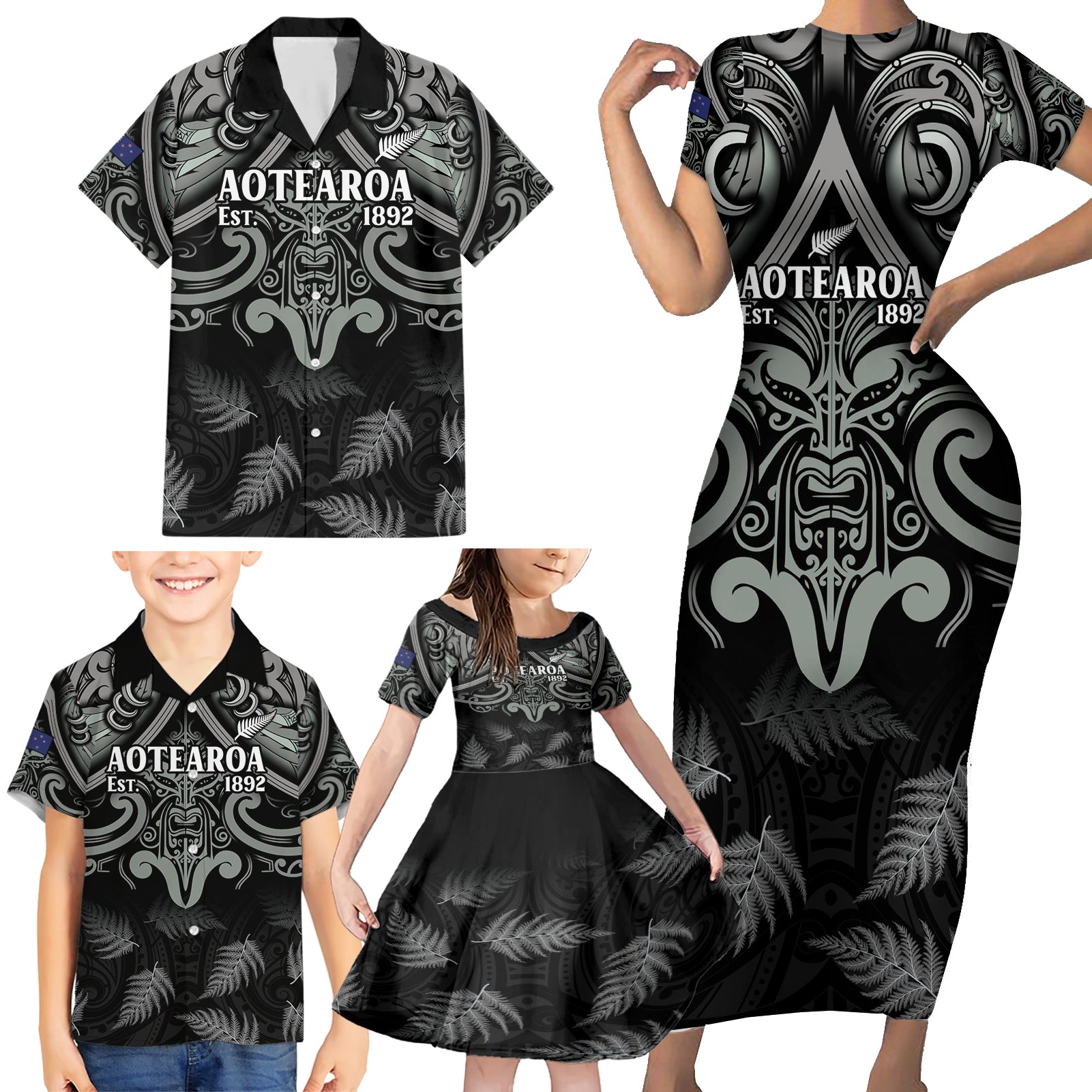 Custom New Zealand Silver Fern Rugby Family Matching Short Sleeve Bodycon Dress and Hawaiian Shirt All Black Since 1892 Aotearoa Moko Maori - Wonder Print Shop