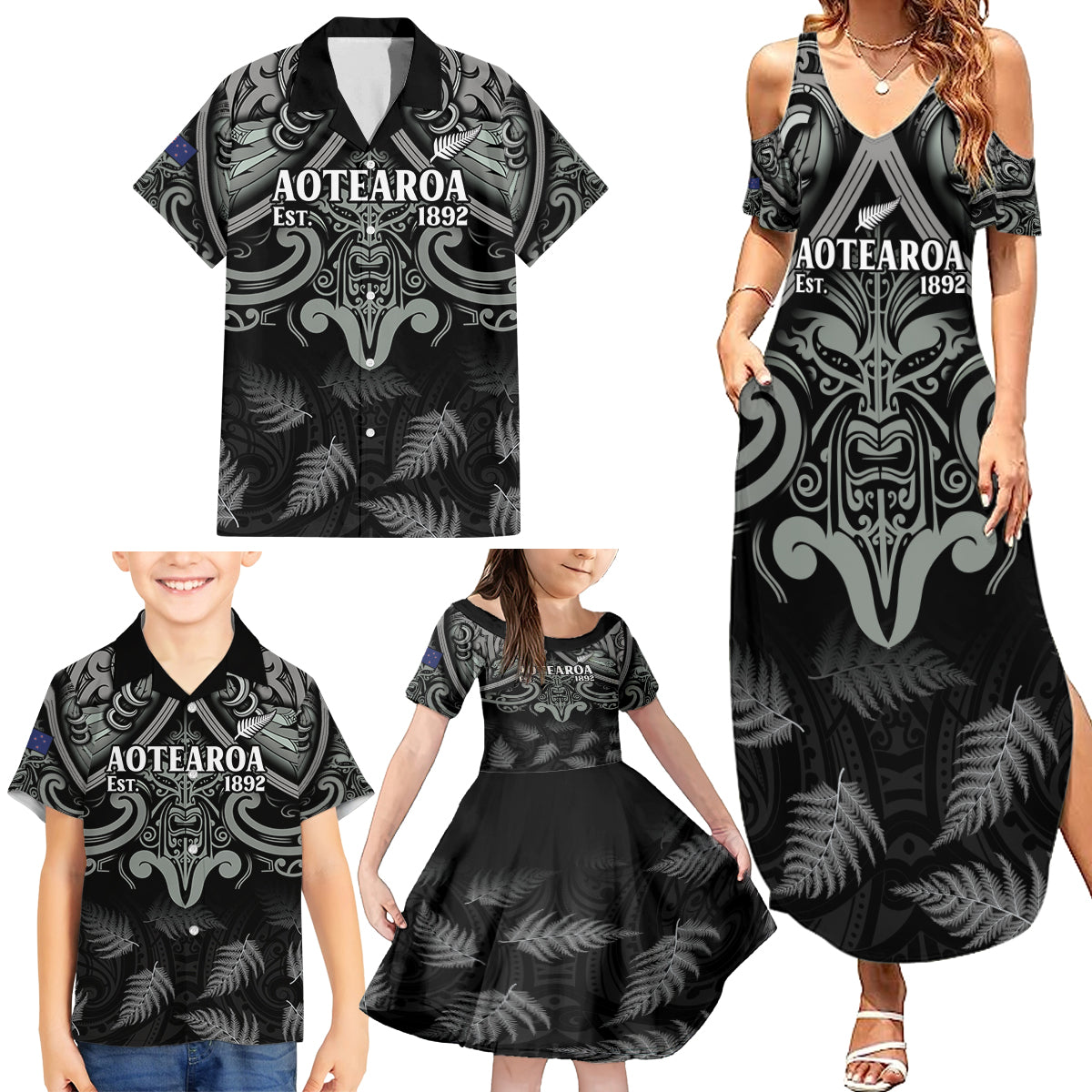 Custom New Zealand Silver Fern Rugby Family Matching Summer Maxi Dress and Hawaiian Shirt All Black Since 1892 Aotearoa Moko Maori - Wonder Print Shop