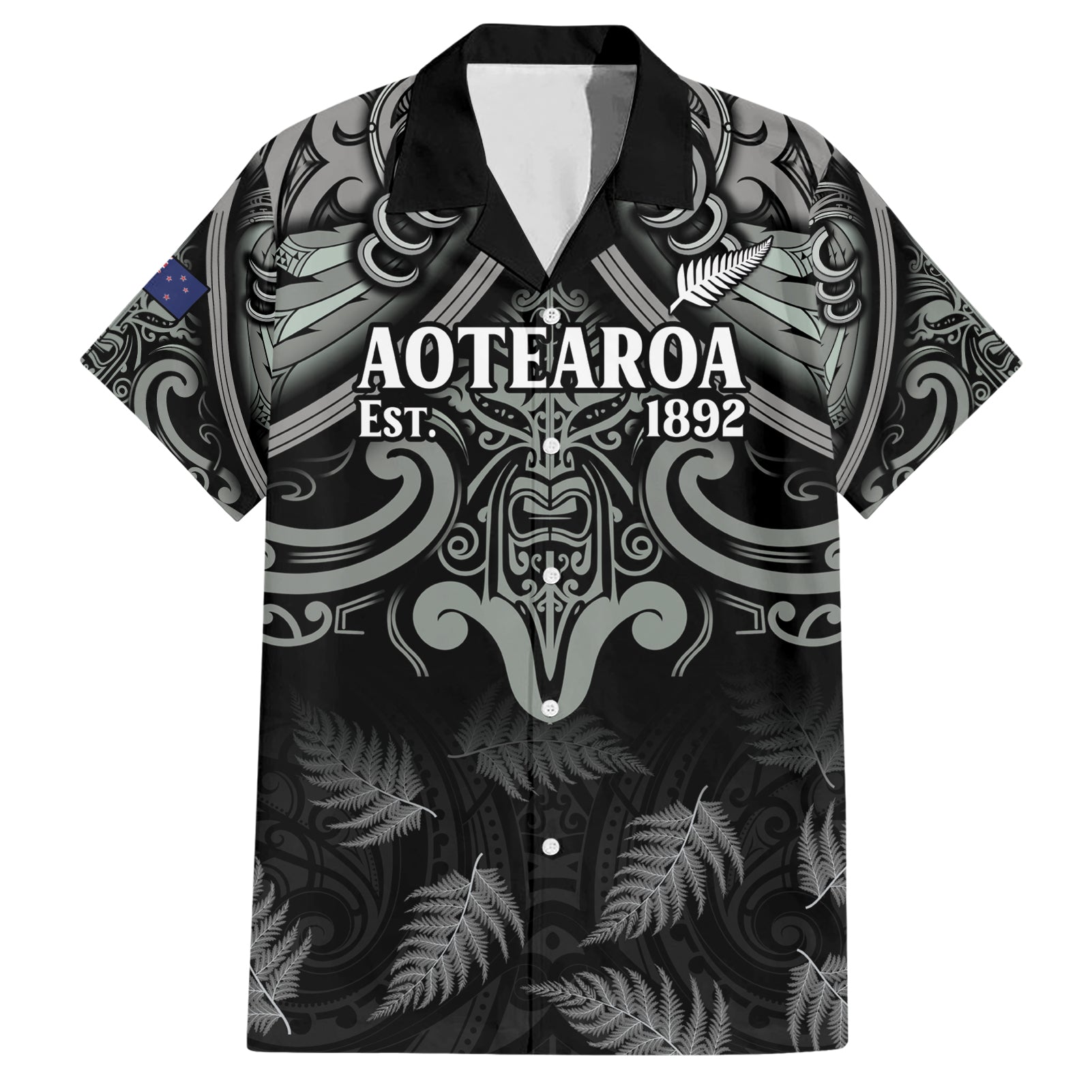 Custom New Zealand Silver Fern Rugby Hawaiian Shirt All Black Since 1892 Aotearoa Moko Maori - Wonder Print Shop