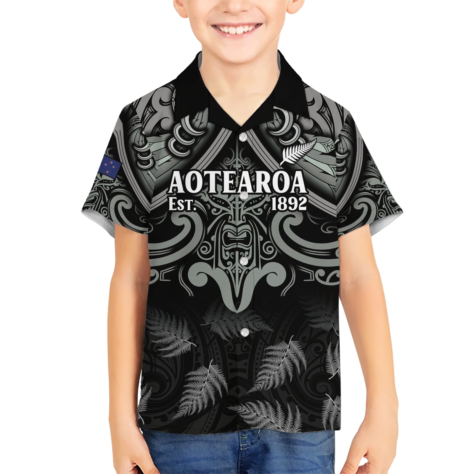 Custom New Zealand Silver Fern Rugby Kid Hawaiian Shirt All Black Since 1892 Aotearoa Moko Maori - Wonder Print Shop