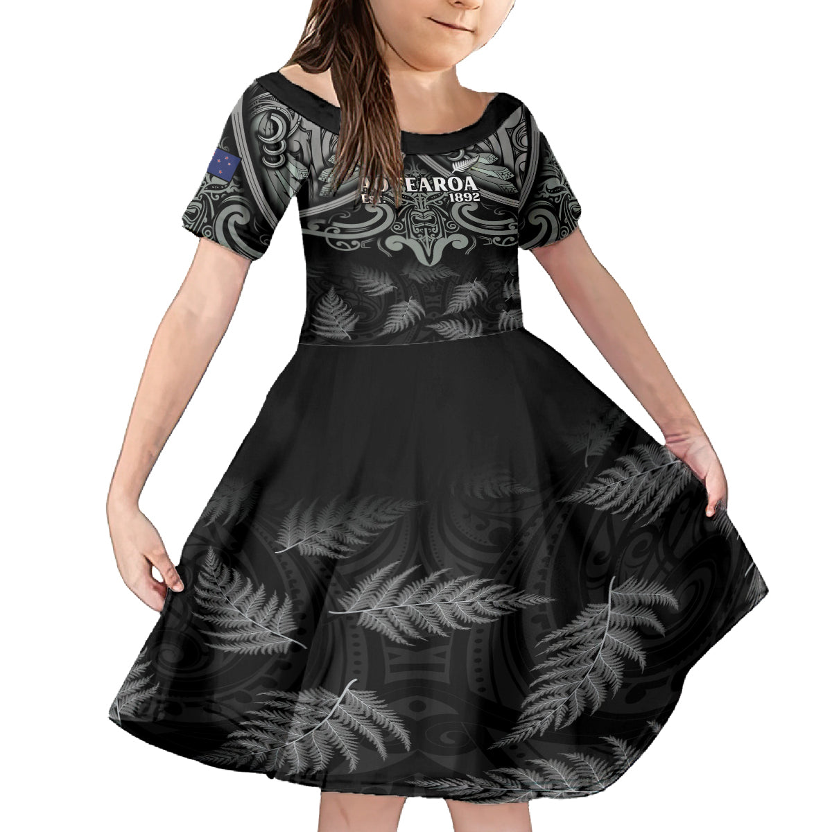 Custom New Zealand Silver Fern Rugby Kid Short Sleeve Dress All Black Since 1892 Aotearoa Moko Maori - Wonder Print Shop