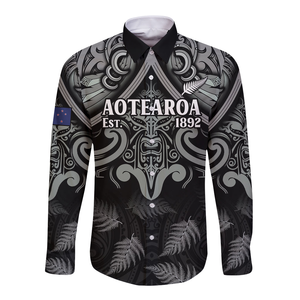 Custom New Zealand Silver Fern Rugby Long Sleeve Button Shirt All Black Since 1892 Aotearoa Moko Maori - Wonder Print Shop