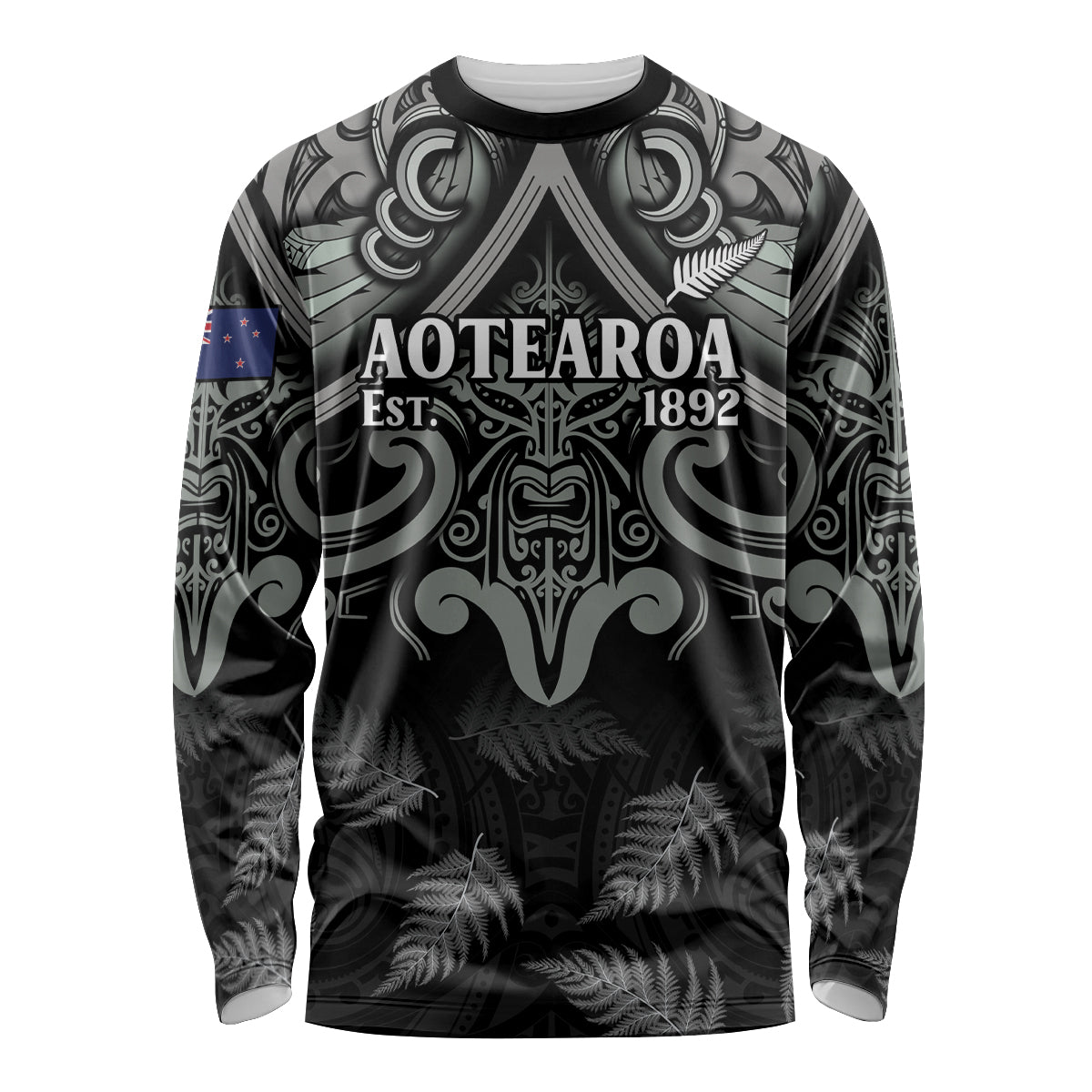 Custom New Zealand Silver Fern Rugby Long Sleeve Shirt All Black Since 1892 Aotearoa Moko Maori - Wonder Print Shop