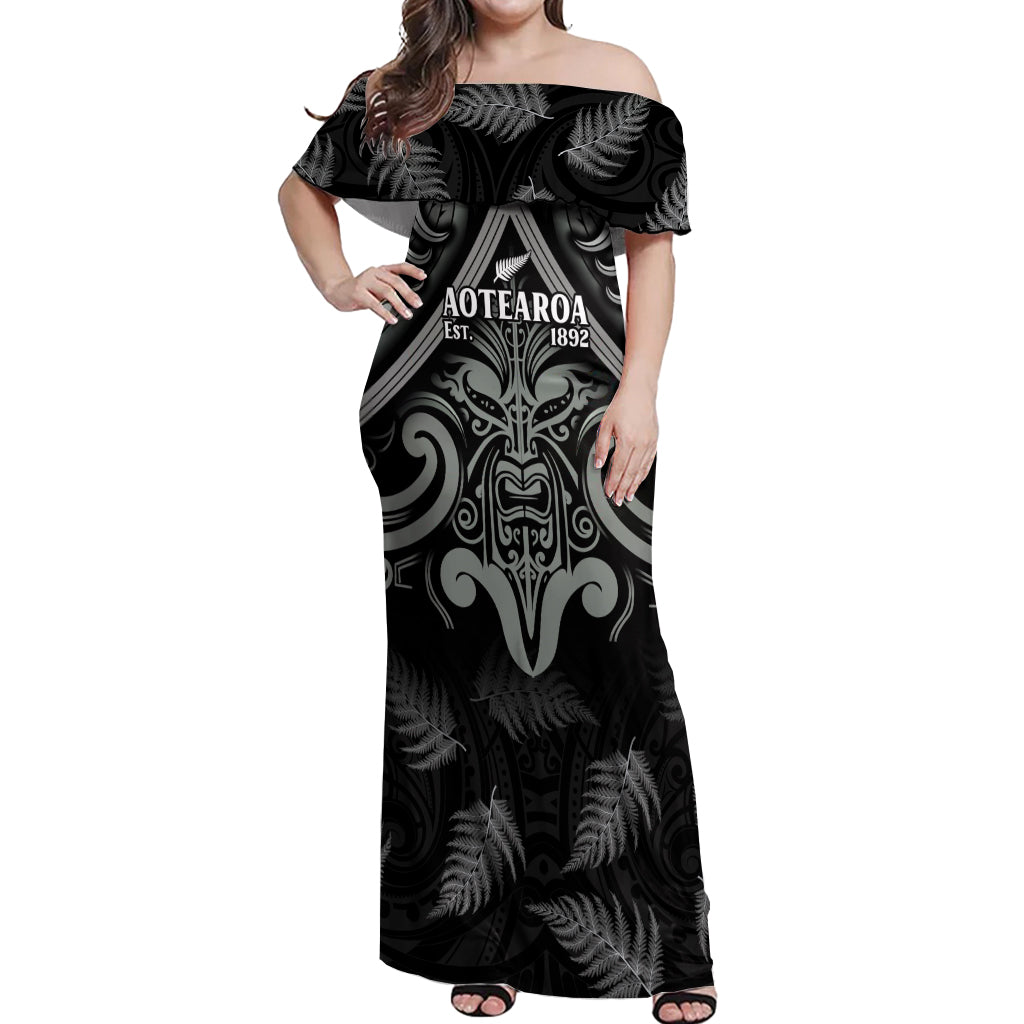 Custom New Zealand Silver Fern Rugby Off Shoulder Maxi Dress All Black Since 1892 Aotearoa Moko Maori - Wonder Print Shop