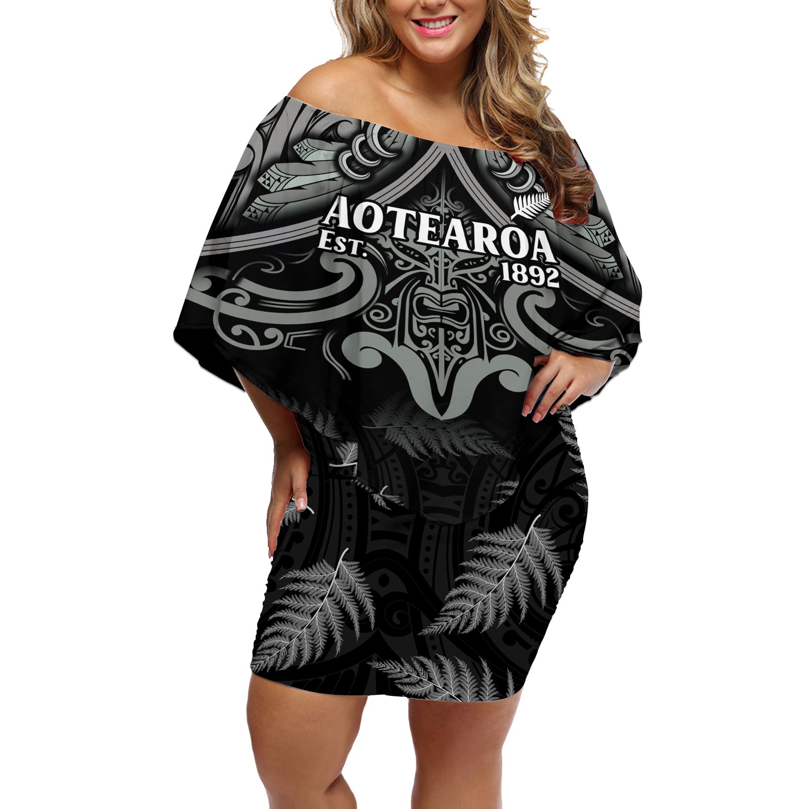 Custom New Zealand Silver Fern Rugby Off Shoulder Short Dress All Black Since 1892 Aotearoa Moko Maori - Wonder Print Shop