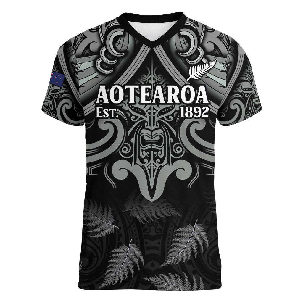 Custom New Zealand Silver Fern Rugby Women V-Neck T-Shirt All Black Since 1892 Aotearoa Moko Maori - Wonder Print Shop