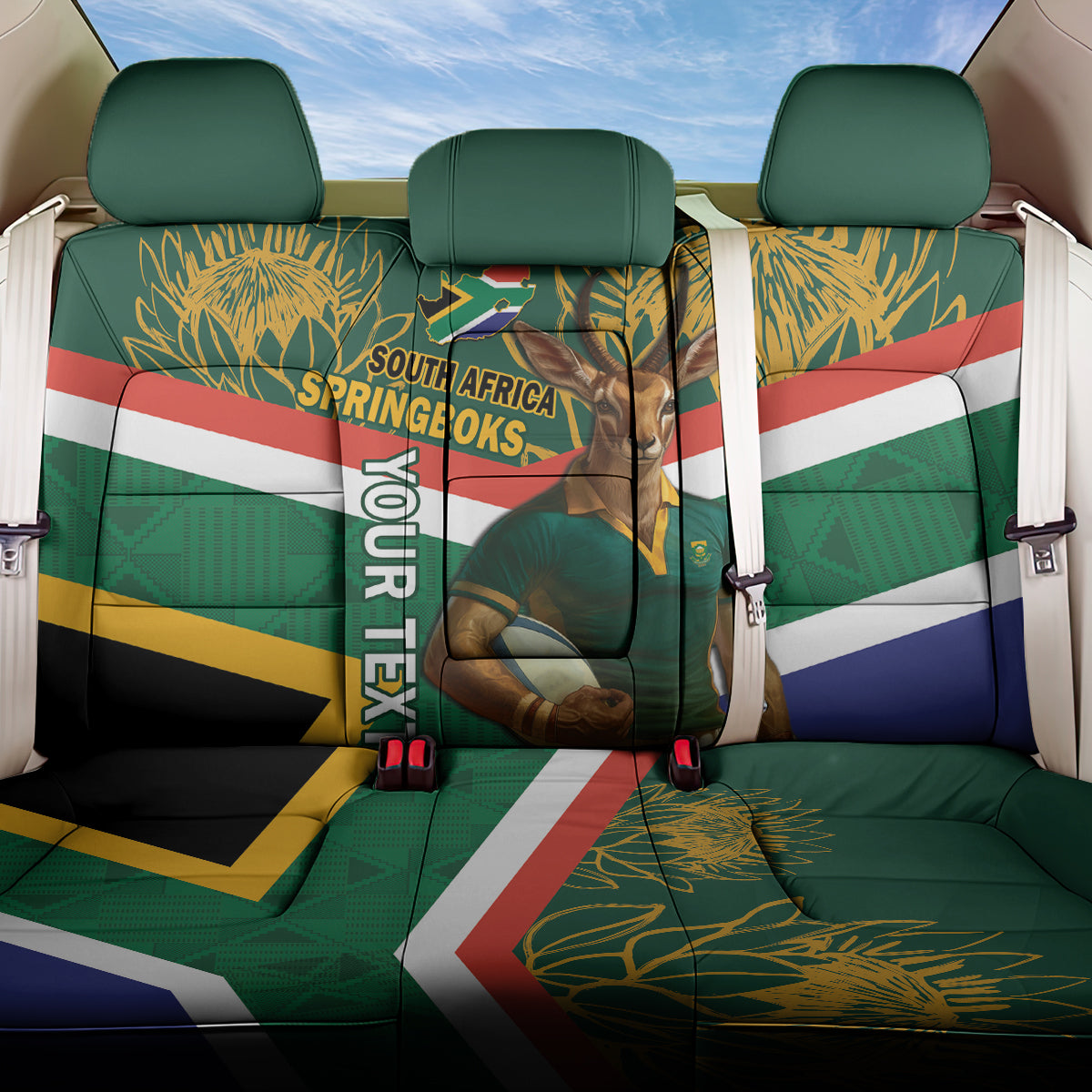 Custom South Africa Rugby Back Car Seat Cover 2024 Go Springboks Mascot African Pattern - Wonder Print Shop