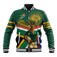 Green rugby baseball jacket with South Africa springbok mascot graphic and striped trim