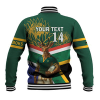 Green baseball jacket back with springbok mascot, crest graphic, and striped ribbed collar