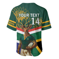 Green rugby baseball jersey with mascot, leaf pattern, bold 'YOUR TEXT 14' on back