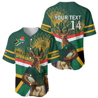 Green rugby baseball jersey set: front and back with mascot print, stripes, 'YOUR TEXT 14'