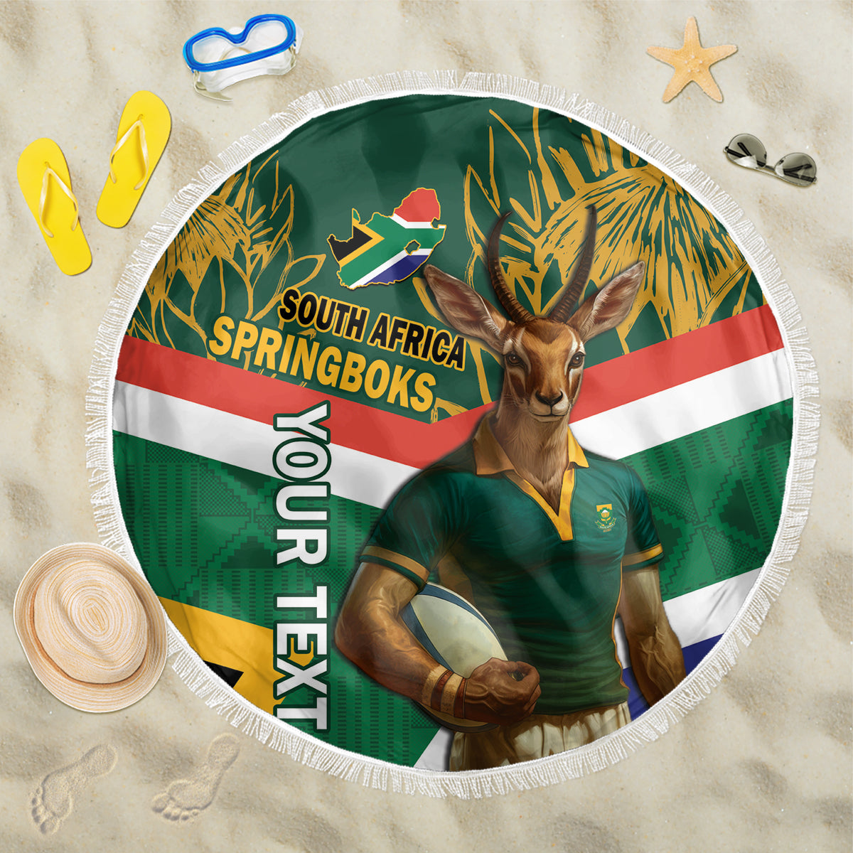 Custom South Africa Rugby Beach Blanket 2024 Go Springboks Mascot African Pattern - Wonder Print Shop