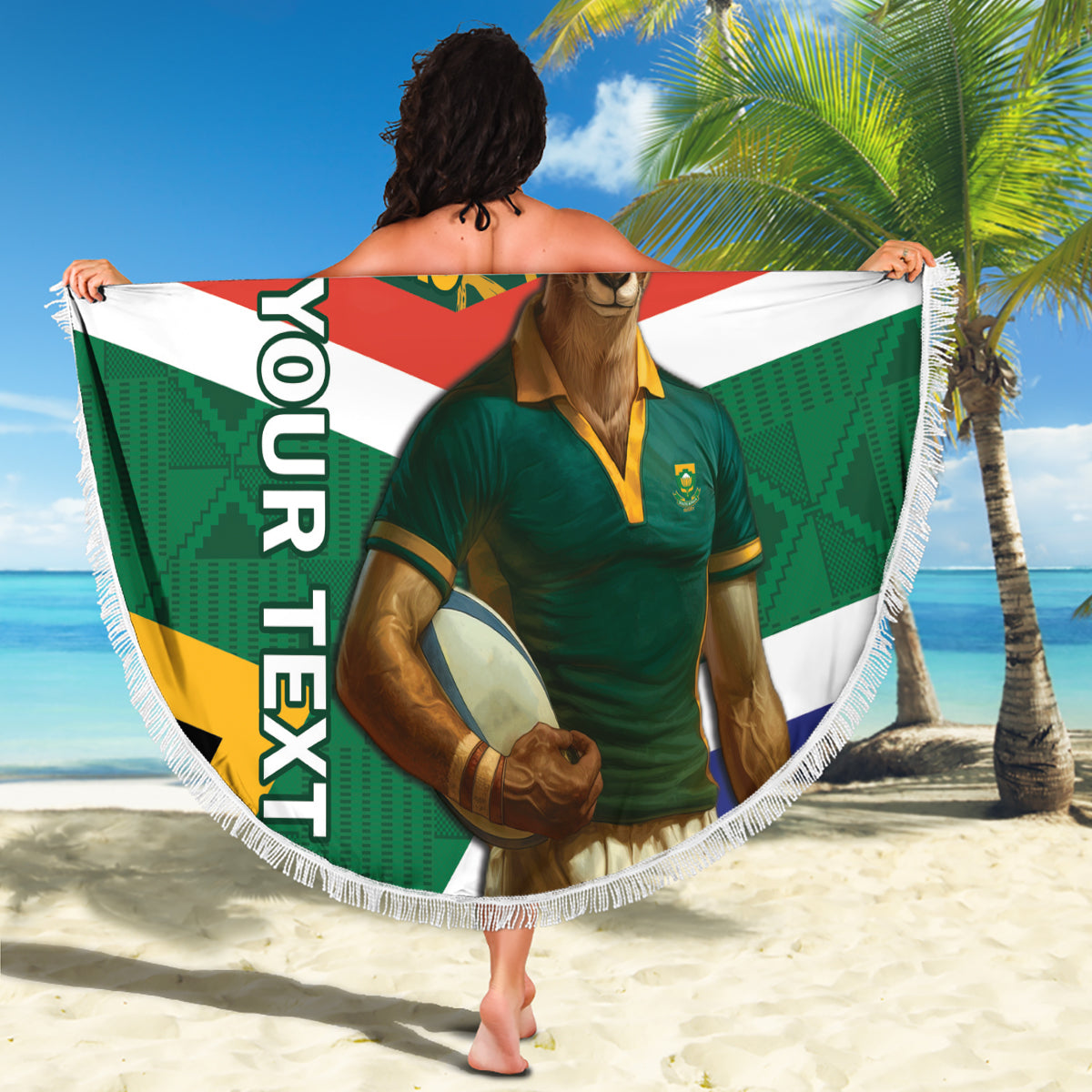 Fringed round green beach blanket with Springboks mascot and South Africa flag stripe design.