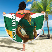 Fringed round green beach blanket with Springboks mascot and South Africa flag stripe design.