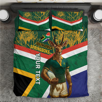 Green rugby bedding set with Springboks mascot centered, South Africa flag stripes and leaves