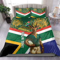 Green rugby bedding set with South Africa flag stripes, Springboks mascot holding ball
