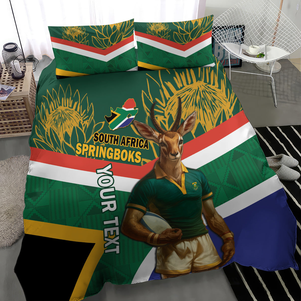 Green rugby duvet and pillow set with Springboks mascot and South Africa flag stripe design