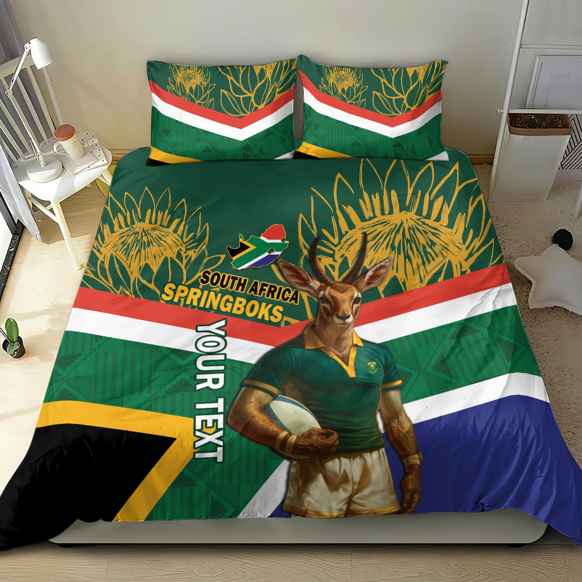 Green South Africa rugby bedding set with mascot holding rugby ball and bold striped graphics
