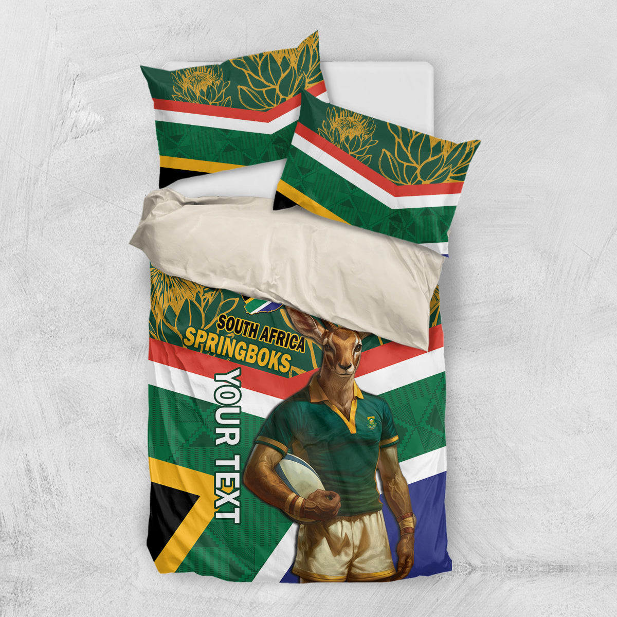 Green rugby bedding set with two matching pillows, Springboks mascot and flag-striped artwork
