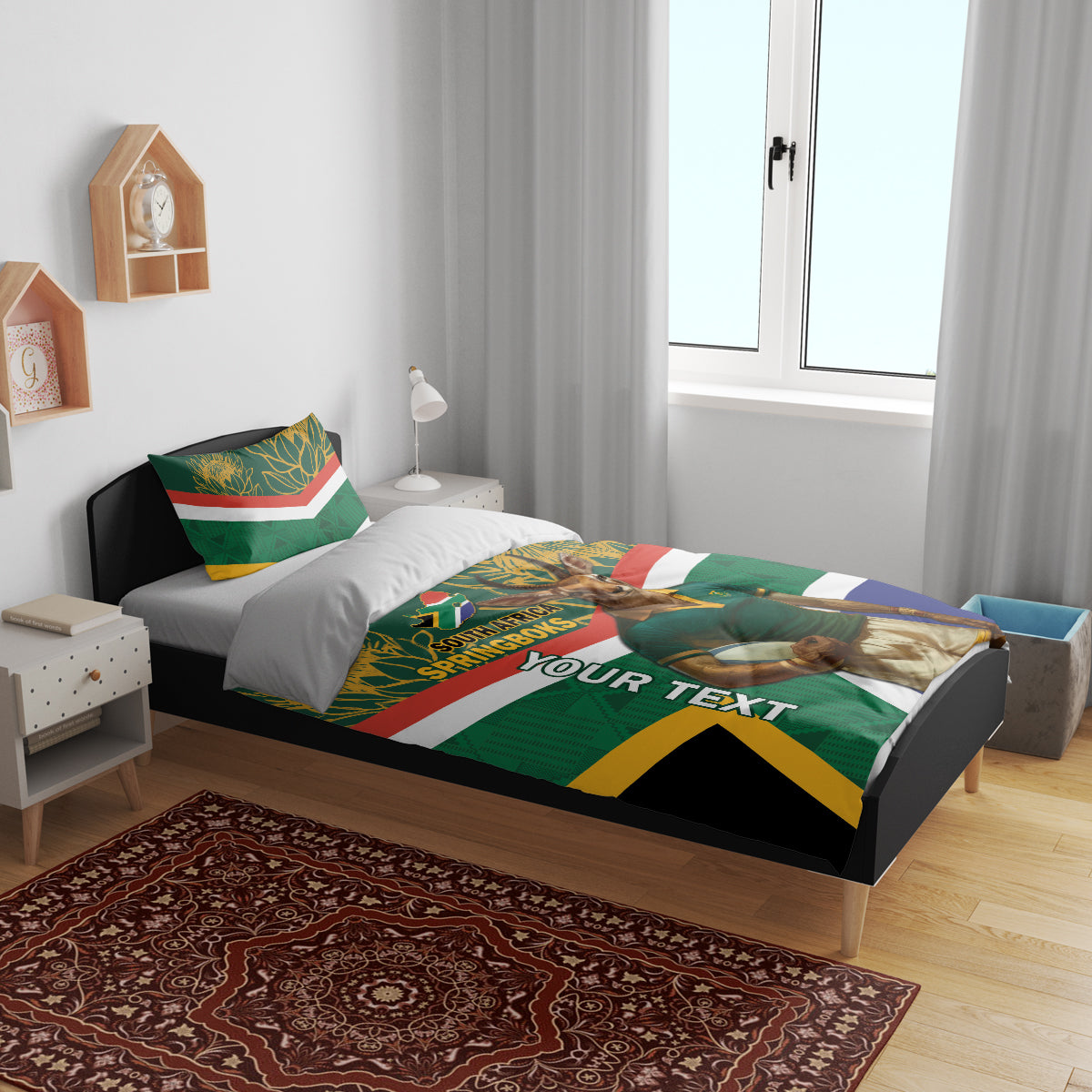 Green rugby bedding set featuring Springboks mascot, flag stripes, and a text panel