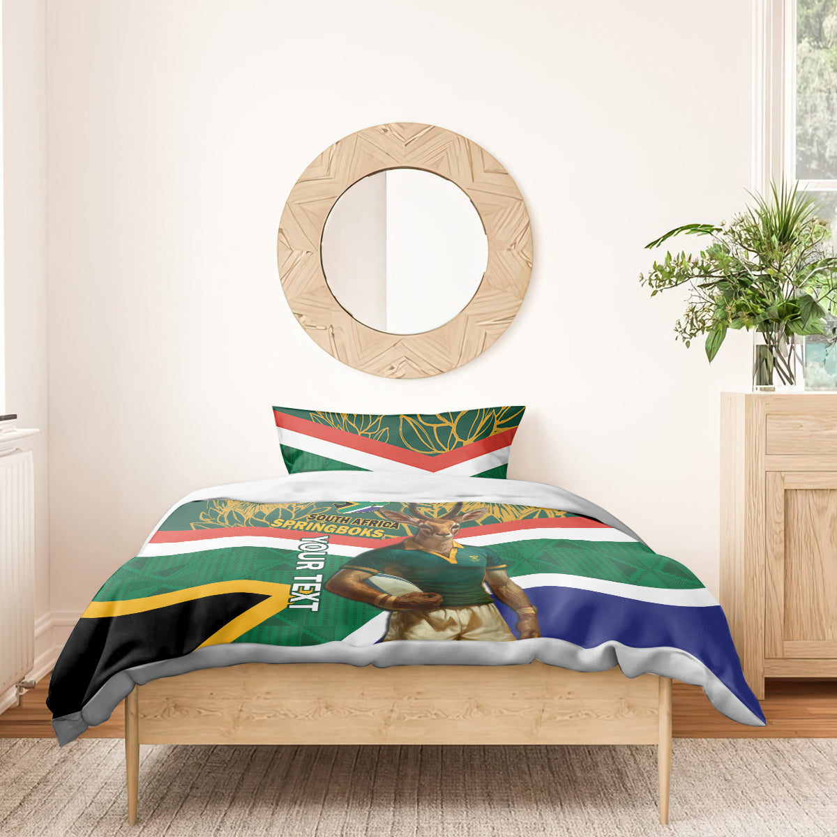 Green rugby duvet set with Springboks mascot holding a rugby ball over flag-striped pattern