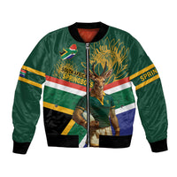 Green bomber jacket with South Africa flag and springbok graphic, ribbed collar and cuffs