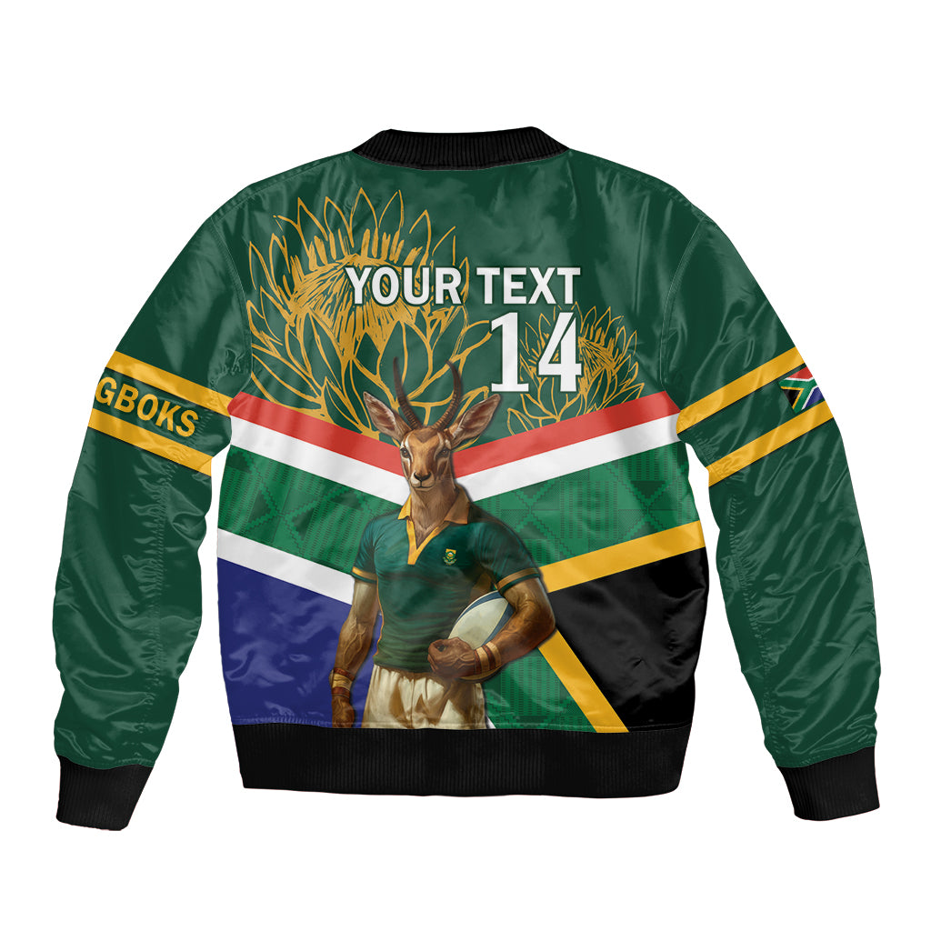 Green bomber jacket, back shows custom text 14 over springbok and flag stripes