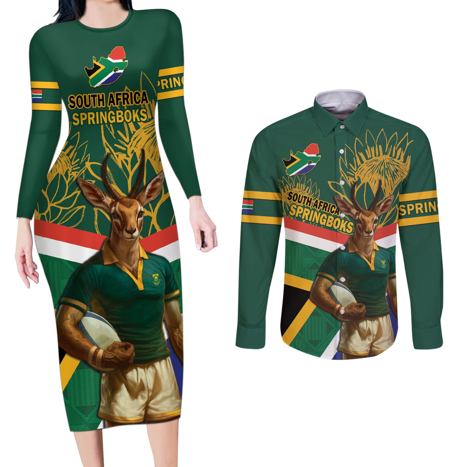 Custom South Africa Rugby Couples Matching Long Sleeve Bodycon Dress and Long Sleeve Button Shirt 2024 Go Springboks Mascot African Pattern - Wonder Print Shop