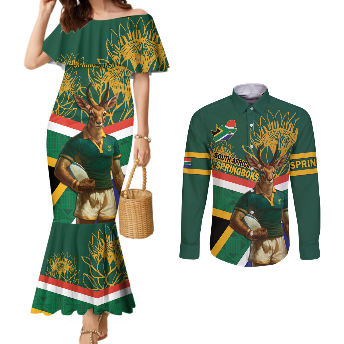 Custom South Africa Rugby Couples Matching Mermaid Dress and Long Sleeve Button Shirt 2024 Go Springboks Mascot African Pattern