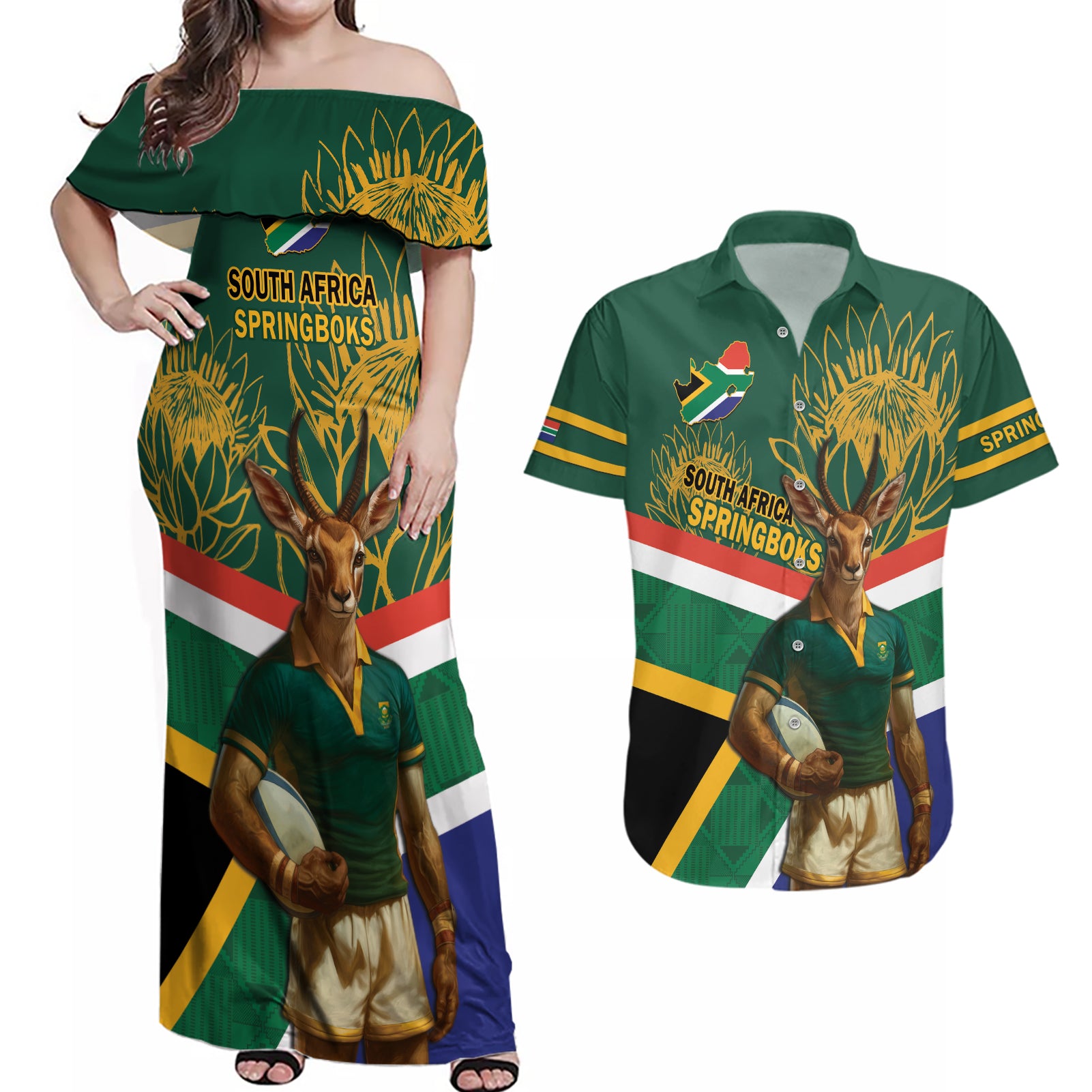 Custom South Africa Rugby Couples Matching Off Shoulder Maxi Dress and Hawaiian Shirt 2024 Go Springboks Mascot African Pattern - Wonder Print Shop