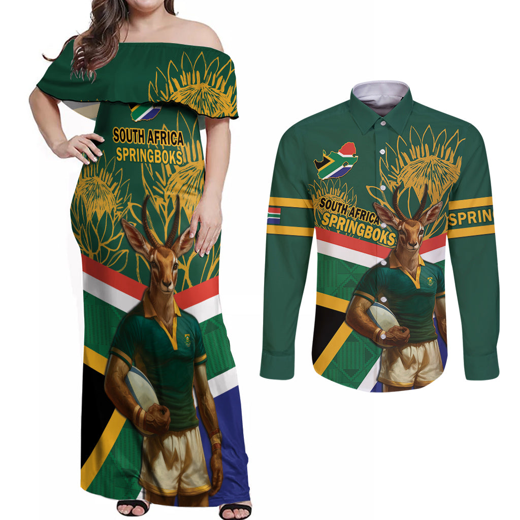 Custom South Africa Rugby Couples Matching Off Shoulder Maxi Dress and Long Sleeve Button Shirt 2024 Go Springboks Mascot African Pattern - Wonder Print Shop