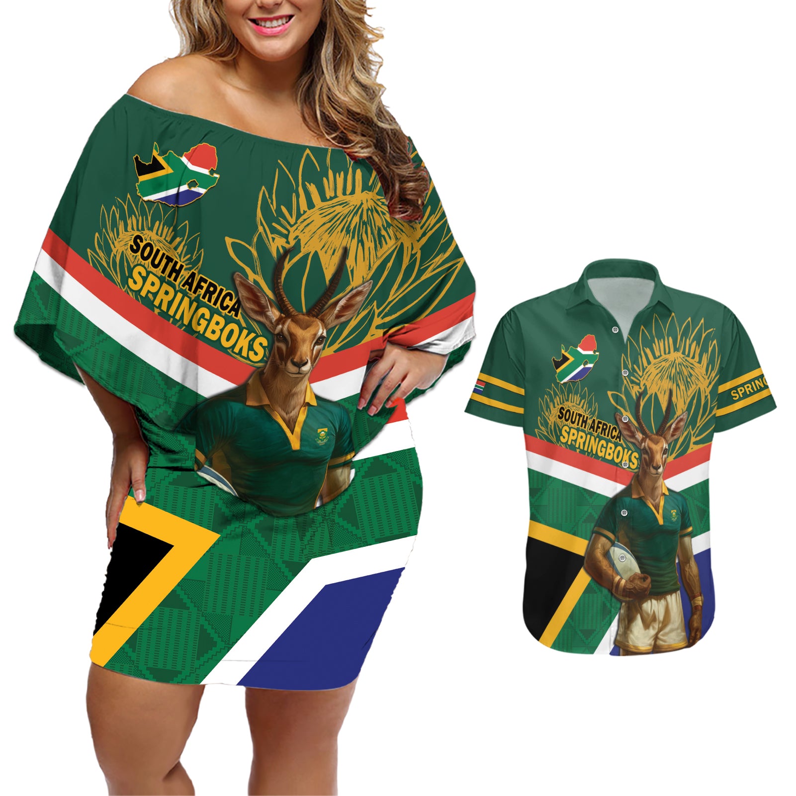 Custom South Africa Rugby Couples Matching Off Shoulder Short Dress and Hawaiian Shirt 2024 Go Springboks Mascot African Pattern - Wonder Print Shop