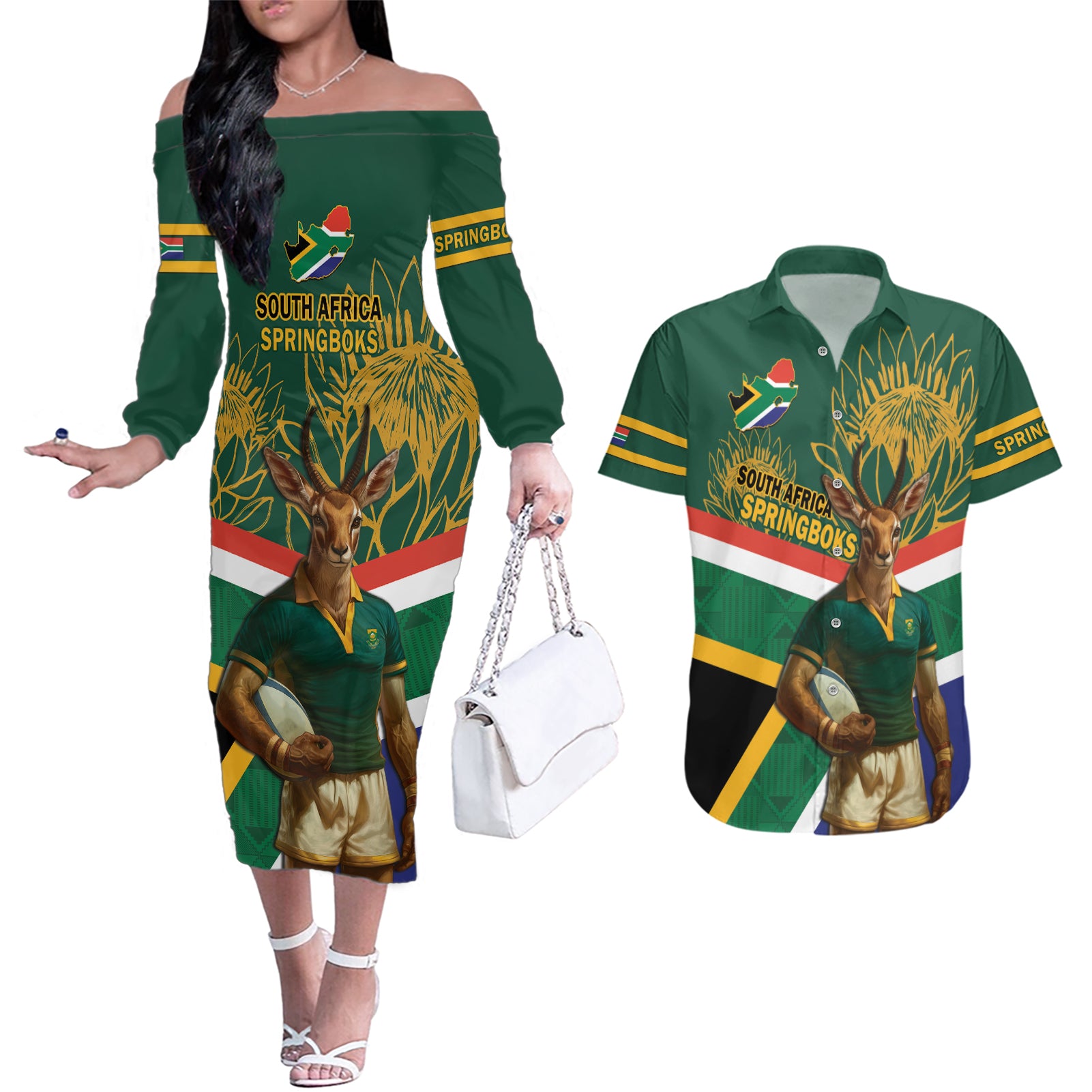 Custom South Africa Rugby Couples Matching Off The Shoulder Long Sleeve Dress and Hawaiian Shirt 2024 Go Springboks Mascot African Pattern - Wonder Print Shop