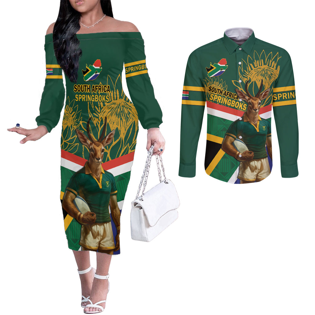 Custom South Africa Rugby Couples Matching Off The Shoulder Long Sleeve Dress and Long Sleeve Button Shirt 2024 Go Springboks Mascot African Pattern