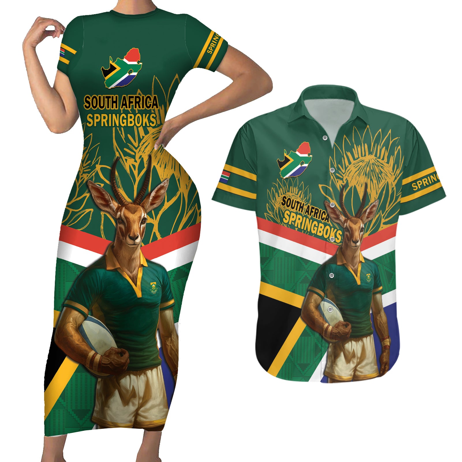 Custom South Africa Rugby Couples Matching Short Sleeve Bodycon Dress and Hawaiian Shirt 2024 Go Springboks Mascot African Pattern - Wonder Print Shop