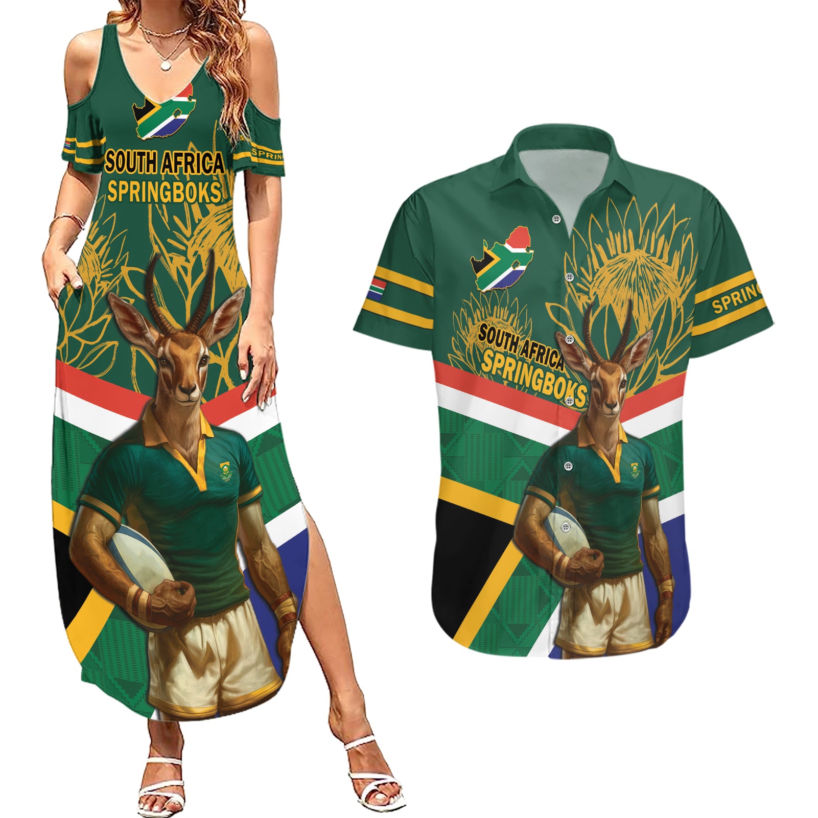 Custom South Africa Rugby Couples Matching Summer Maxi Dress and Hawaiian Shirt 2024 Go Springboks Mascot African Pattern - Wonder Print Shop