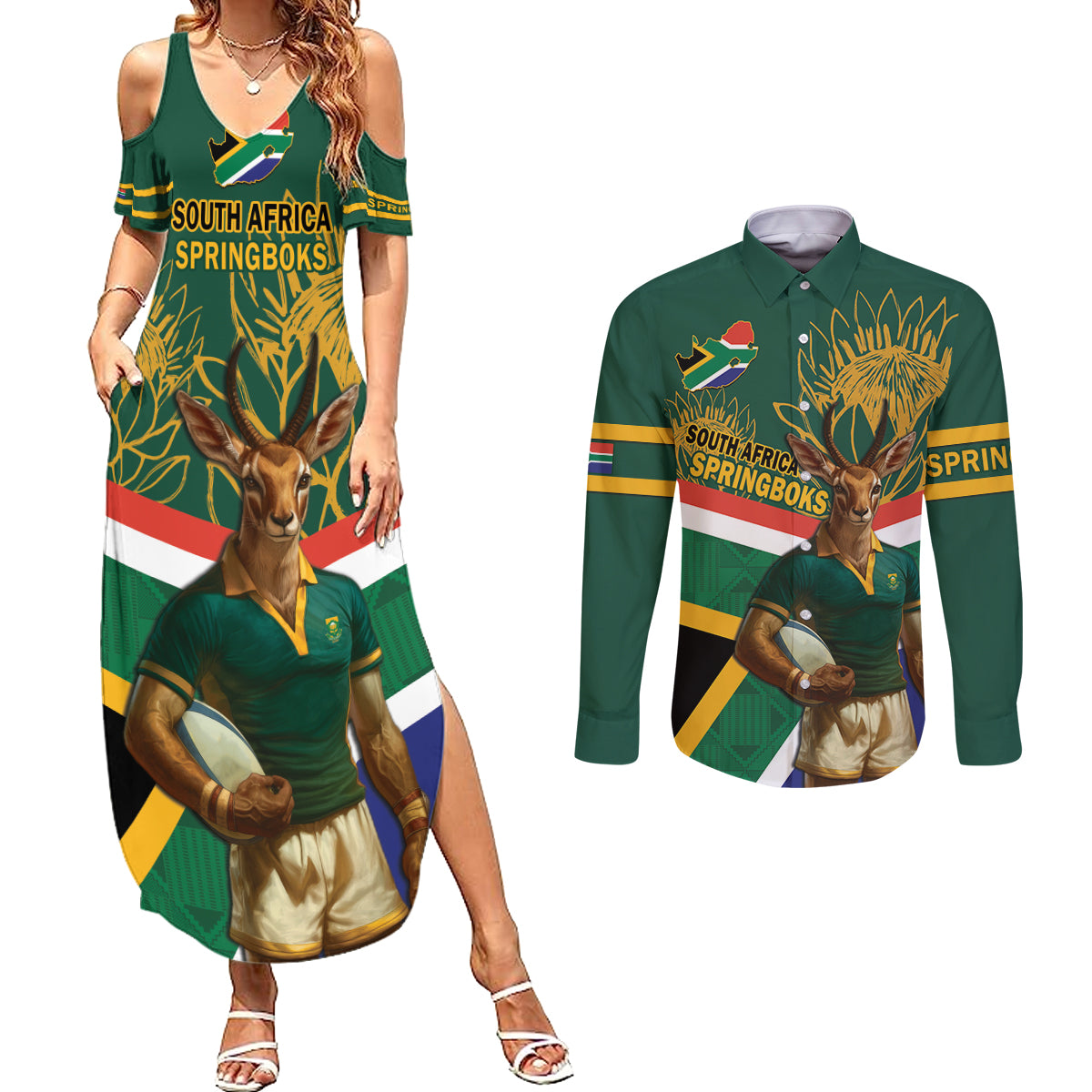 Custom South Africa Rugby Couples Matching Summer Maxi Dress and Long Sleeve Button Shirt 2024 Go Springboks Mascot African Pattern - Wonder Print Shop