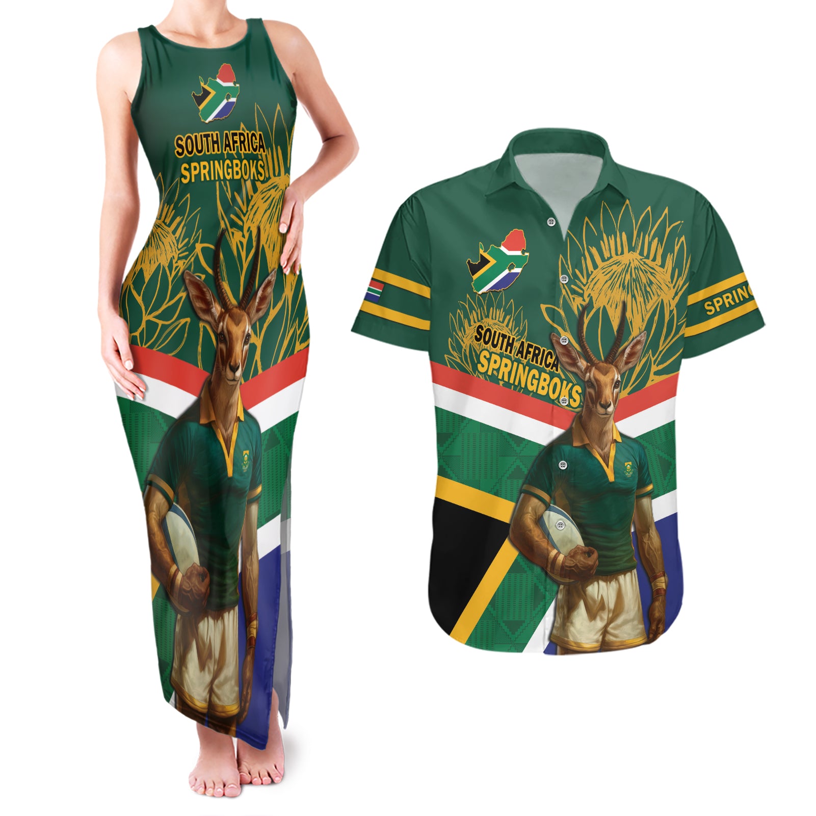 Custom South Africa Rugby Couples Matching Tank Maxi Dress and Hawaiian Shirt 2024 Go Springboks Mascot African Pattern - Wonder Print Shop