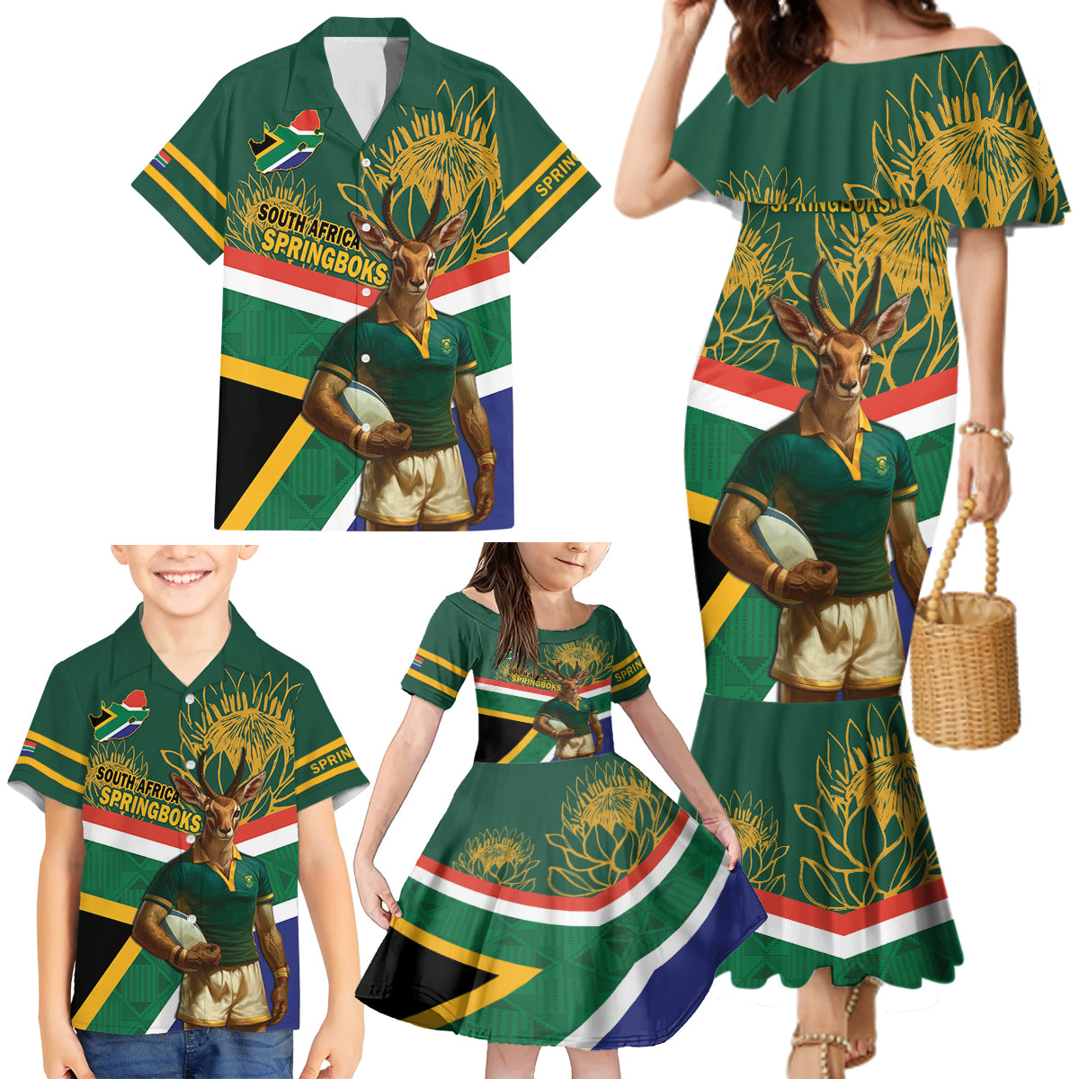 Custom South Africa Rugby Family Matching Mermaid Dress and Hawaiian Shirt 2024 Go Springboks Mascot African Pattern - Wonder Print Shop