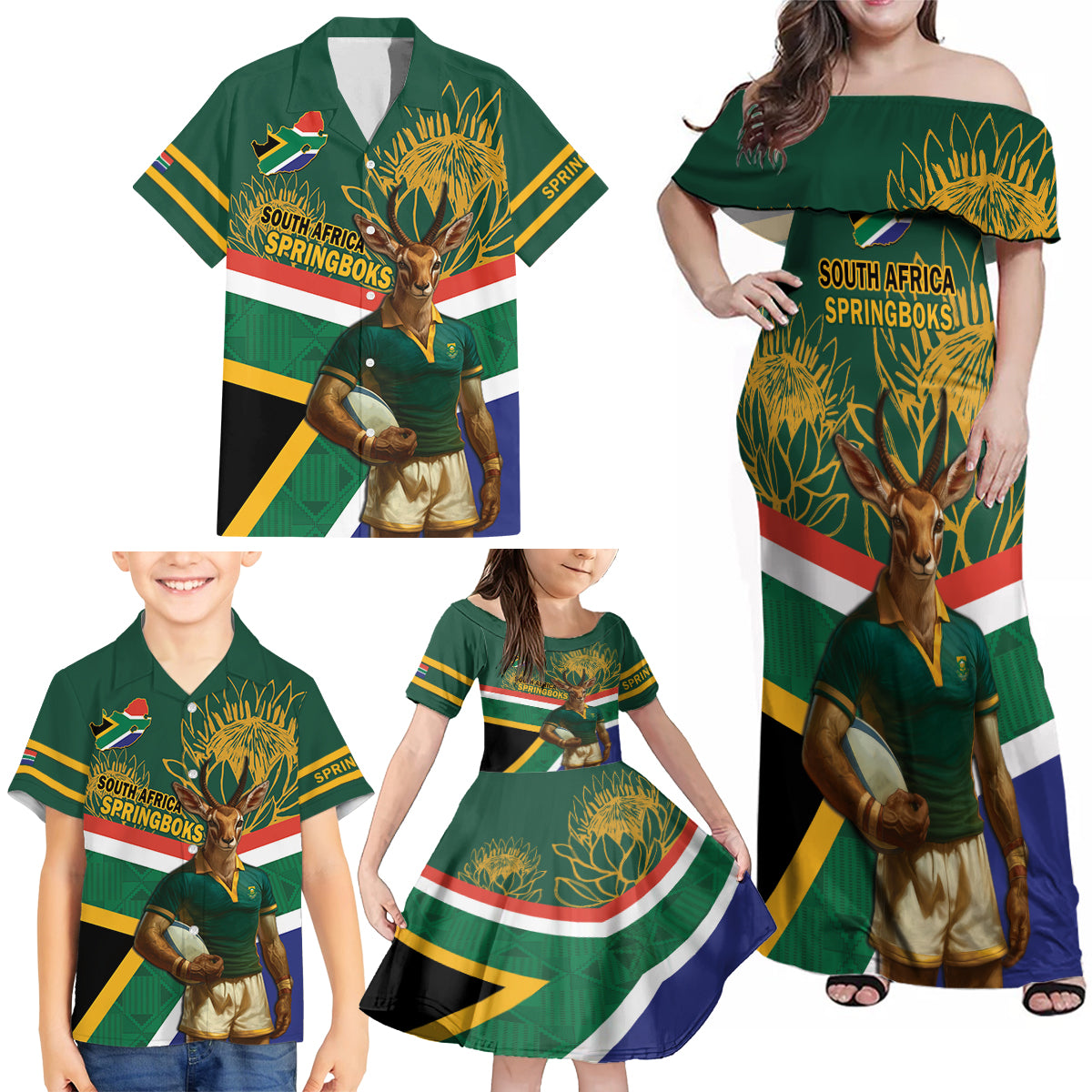 Custom South Africa Rugby Family Matching Off Shoulder Maxi Dress and Hawaiian Shirt 2024 Go Springboks Mascot African Pattern - Wonder Print Shop