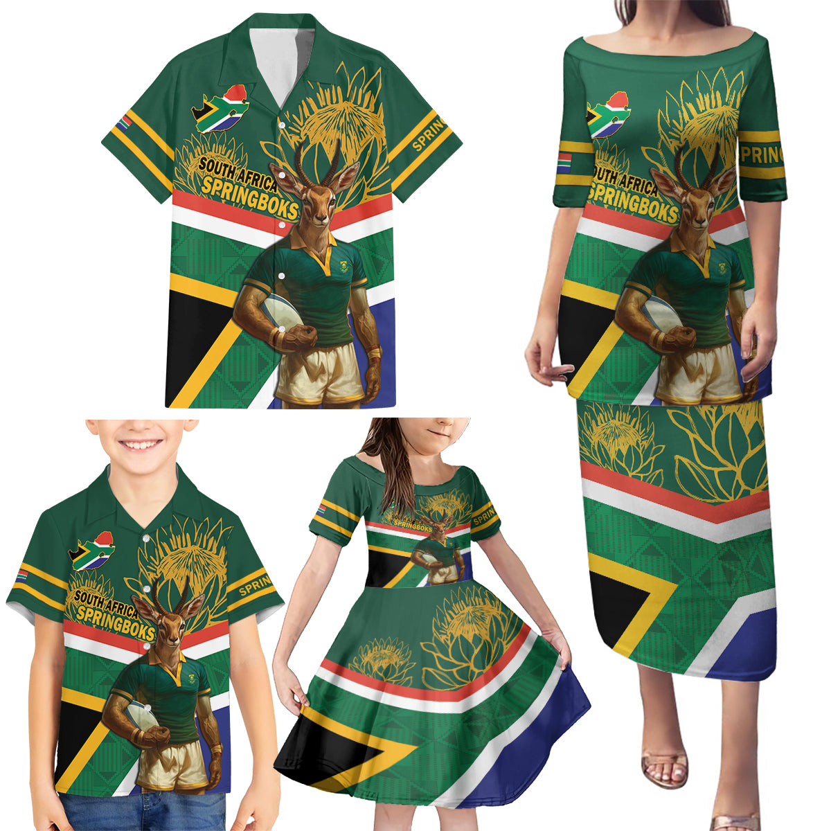 Custom South Africa Rugby Family Matching Puletasi and Hawaiian Shirt 2024 Go Springboks Mascot African Pattern - Wonder Print Shop