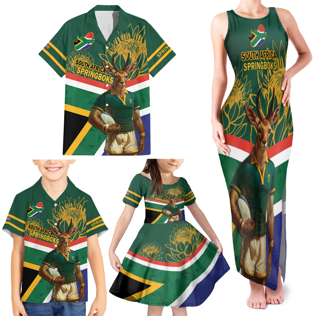 Custom South Africa Rugby Family Matching Tank Maxi Dress and Hawaiian Shirt 2024 Go Springboks Mascot African Pattern - Wonder Print Shop