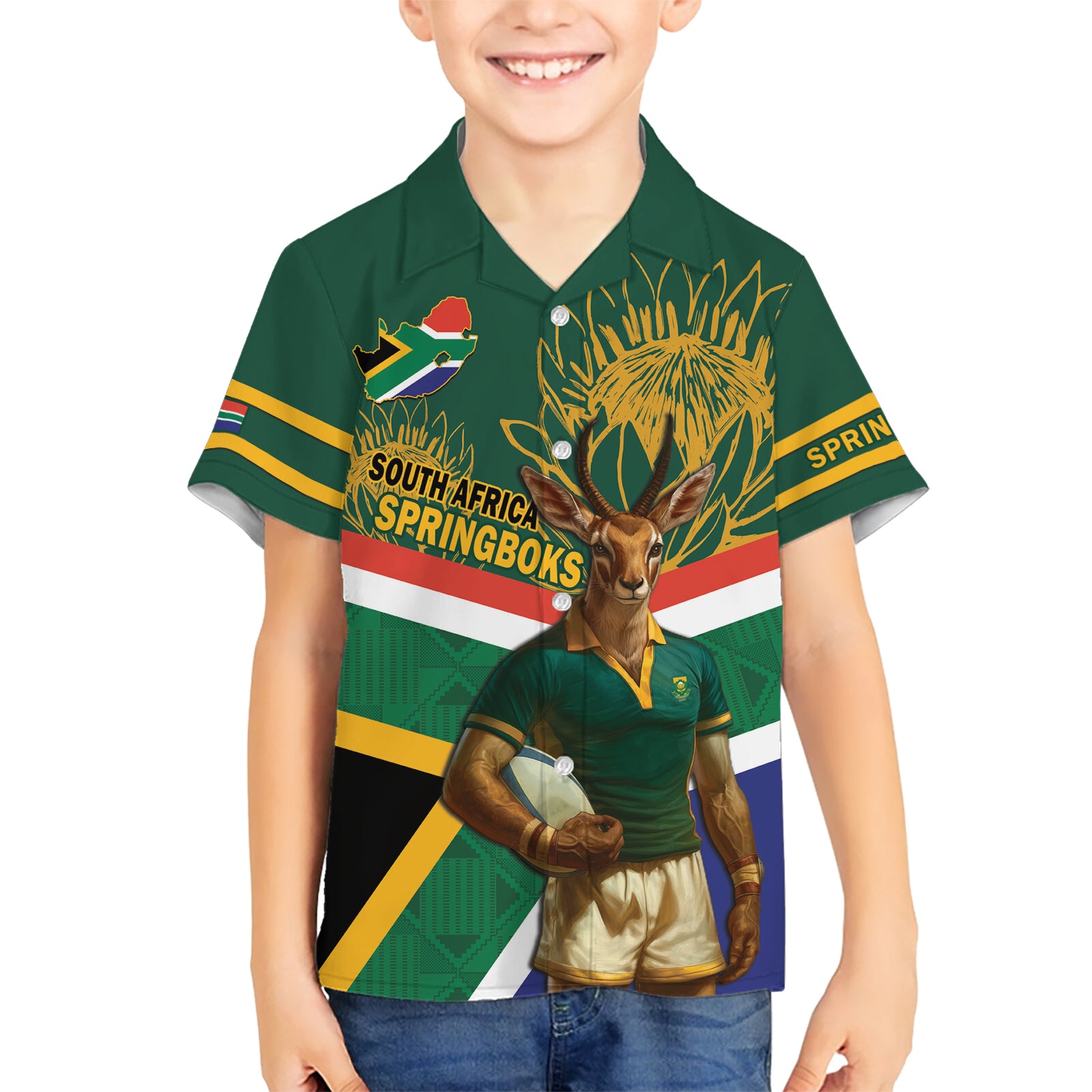 Custom South Africa Rugby Kid Hawaiian Shirt 2024 Go Springboks Mascot African Pattern - Wonder Print Shop