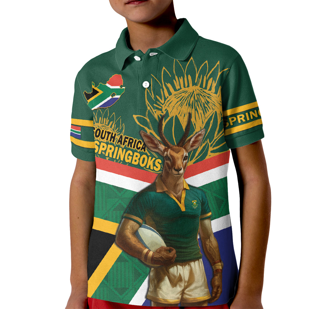 Custom South Africa Rugby Kid Polo Shirt 2024 Go Springboks Mascot African Pattern - Wonder Print Shop