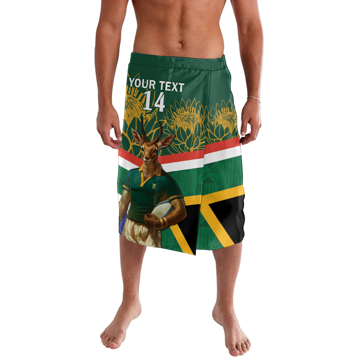 Green rugby graphic shorts with mascot and yellow number print, side split hem