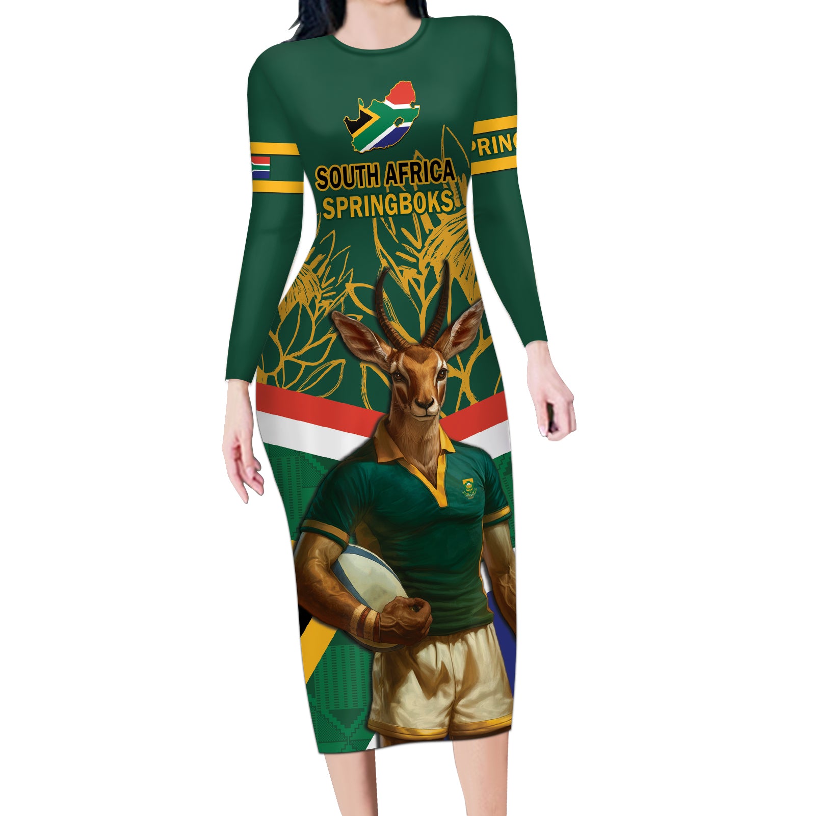 Custom South Africa Rugby Long Sleeve Bodycon Dress 2024 Go Springboks Mascot African Pattern - Wonder Print Shop