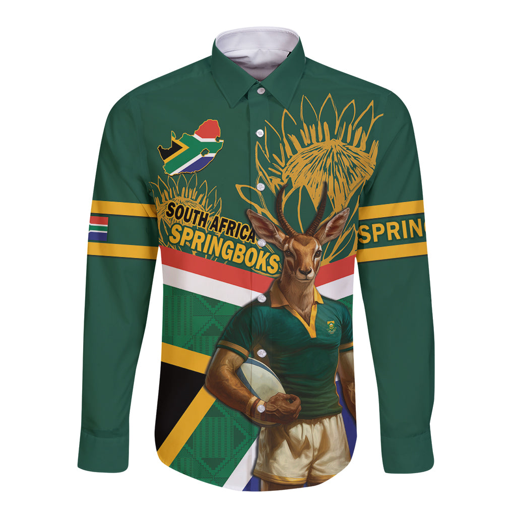 Custom South Africa Rugby Long Sleeve Button Shirt 2024 Go Springboks Mascot African Pattern - Wonder Print Shop