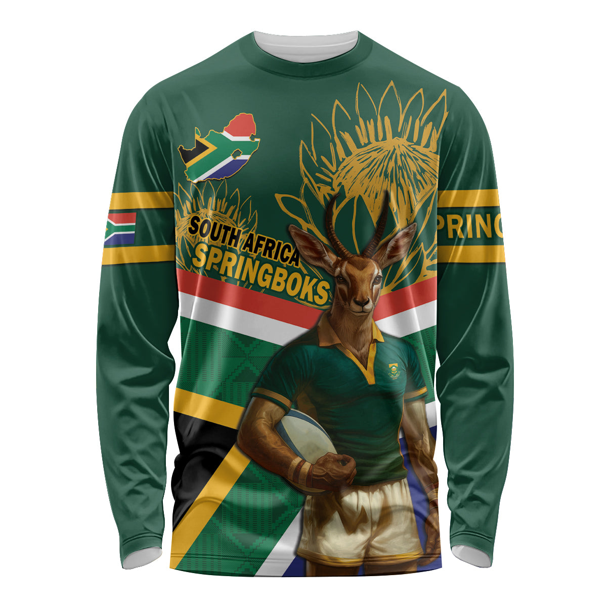 Custom South Africa Rugby Long Sleeve Shirt 2024 Go Springboks Mascot African Pattern - Wonder Print Shop